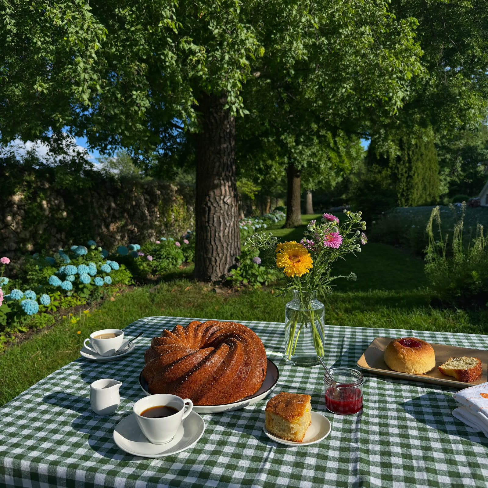 Petit-déjeuner au jardin, kougelhopf et café